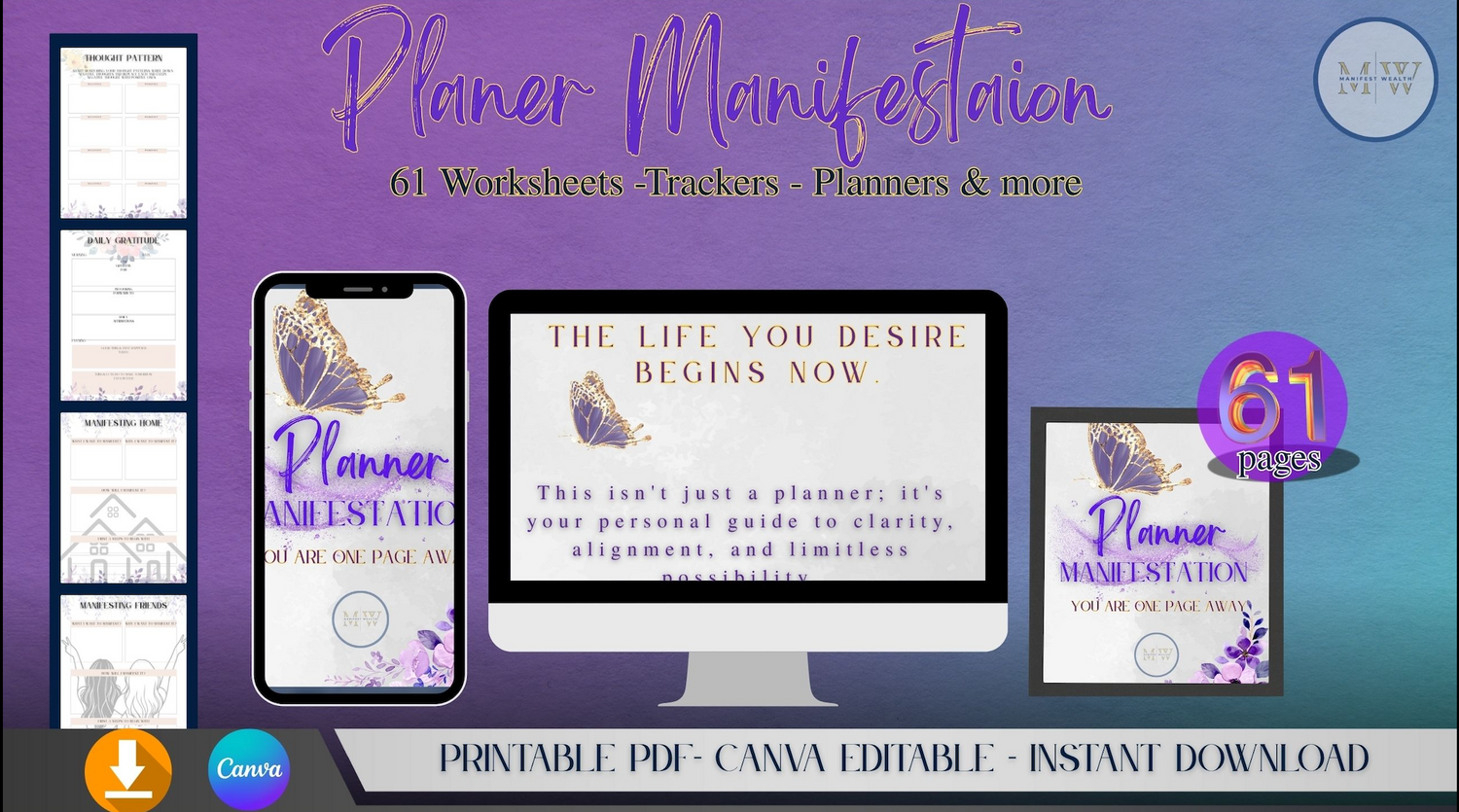61 worksheets planer , trackers palanner, canva editable, instant download 